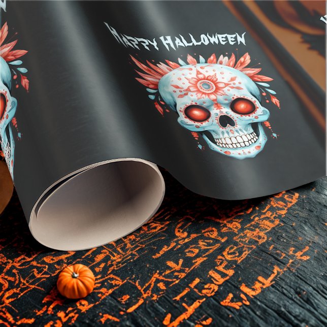 Custom Modern Blue Pink Halloween Sugar Skull Wrapping Paper (Creator Uploaded)