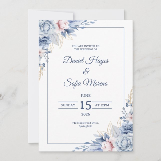 Custom Modern Blue Wedding Invitation (Front)