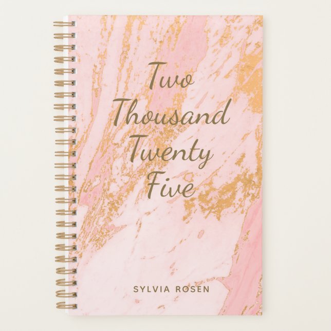 Custom Modern Blush Gold Marble Girly Name 2025 Planner (Front)