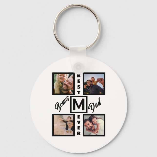 Custom Modern Bonus Dad Stepdad 4 Photo Collage Key Ring (Front)