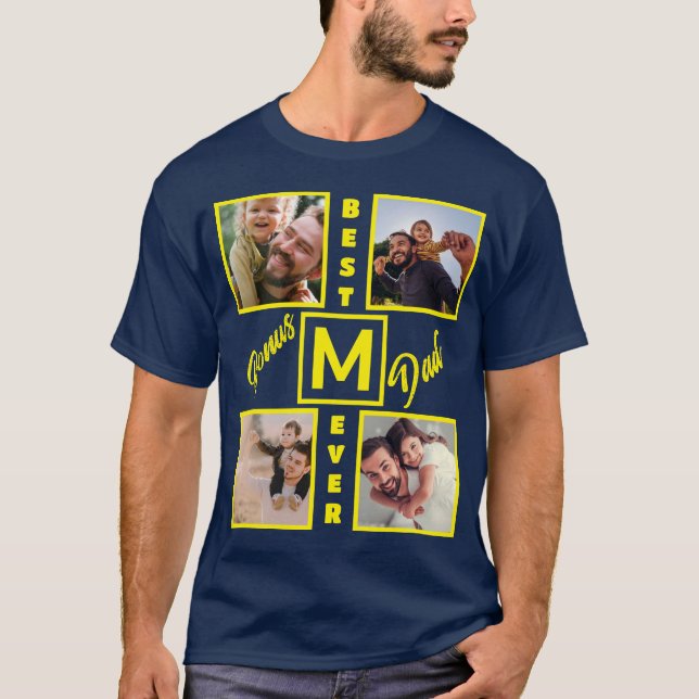 Custom Modern Bonus Dad Stepdad 4 Photo Collage T-Shirt (Front)