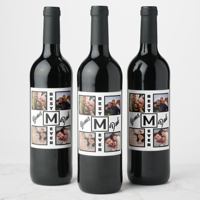 Custom Modern Bonus Dad Stepdad 4 Photo Collage Wine Label (Bottles)