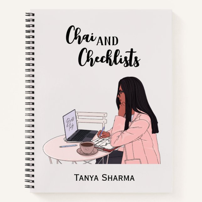 Custom Modern Brown Girl Chai & Checklists Notebook (Front)