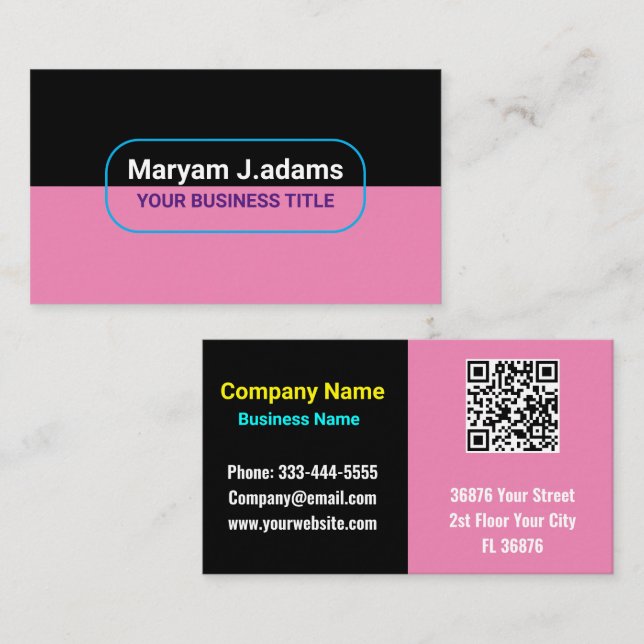 Custom Modern Business Name (QR Code) Black & Pink Card (Front/Back)