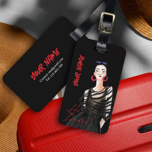 Custom Modern City Girl Black Red Graphic Luggage Tag