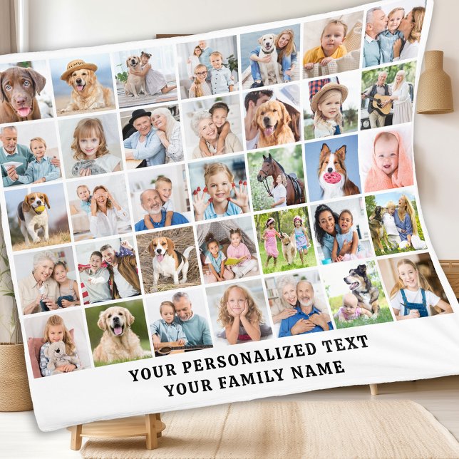 Custom Modern Cute Family Gift 35 Photos Collage Fleece Blanket (Creator Uploaded)