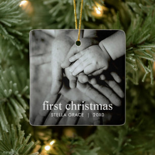 Custom Modern Elegant Baby's First Christmas Photo Ceramic Ornament