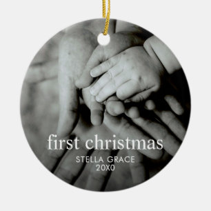 Custom Modern Elegant Baby's First Christmas Photo Ceramic Tree Decoration