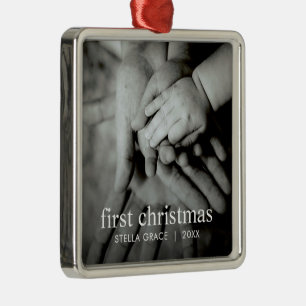 Custom Modern Elegant Babys First Christmas Photo Metal Tree Decoration