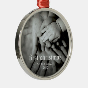 Custom Modern Elegant Baby's First Christmas Photo Metal Tree Decoration