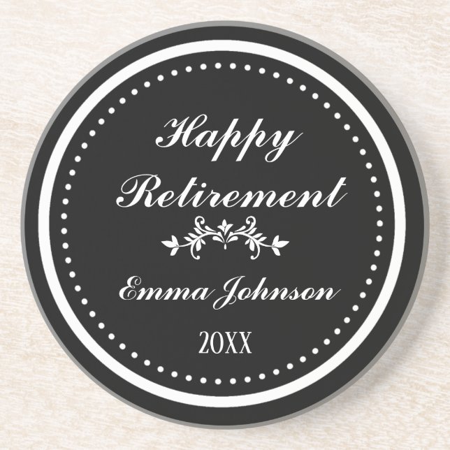 Custom Modern Elegant Black&White Happy Retirement Coaster (Front)