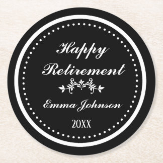 Custom Modern Elegant Black&White Happy Retirement Round Paper Coaster