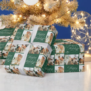 Custom Modern Elegant Photo Green Happy Holidays Wrapping Paper
