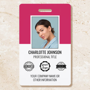Custom Modern Employee Photo Company Logo Pink ID Badge