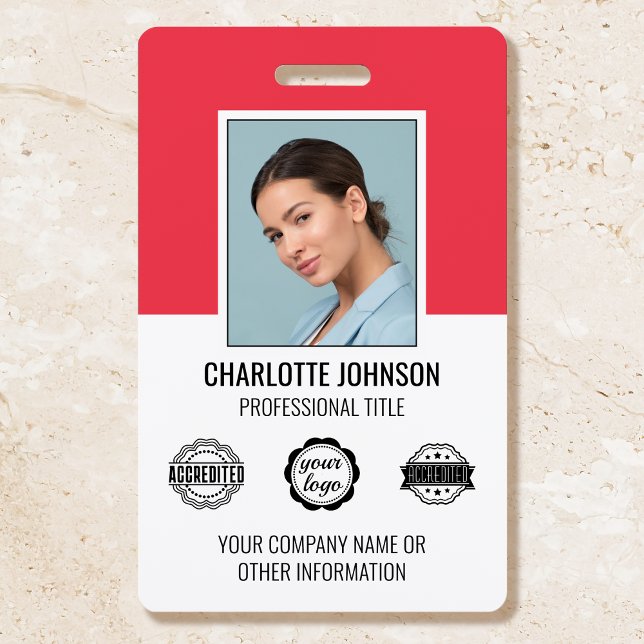 Custom Modern Employee Photo Company Logo Red ID Badge (Creator Uploaded)