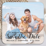 Custom Modern Engagement Pet Wedding Dog Photo Square Paper Coaster<br><div class="desc">Add the finishing touch to your dog wedding save the dates with these custom photo, and personalised 'My Humans Are Getting Married... Save The Date' stickers. Customise with your favourite photo, names and date. These pet wedding dog save the date stickers are perfect for engagement party, save the date pet...</div>