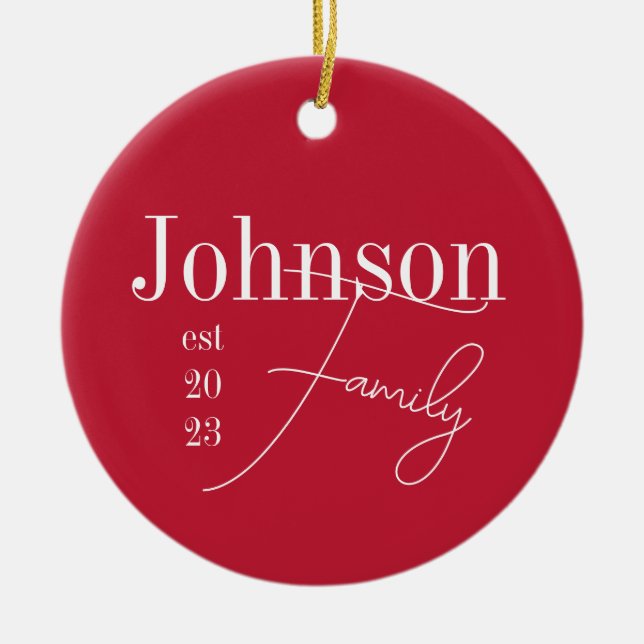 Custom Modern Family Name Christmas Ceramic Tree Decoration (Front)