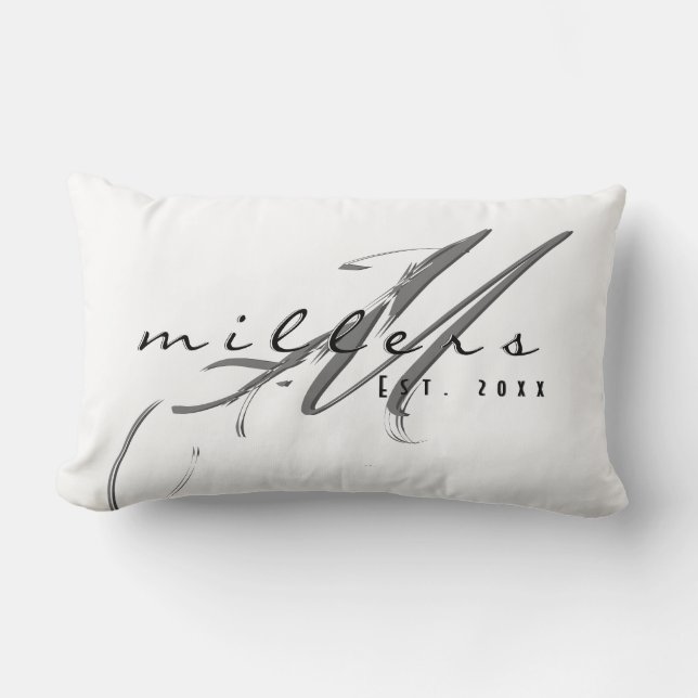 Custom Modern Family Name & Monogram | White Lumbar Cushion (Front)