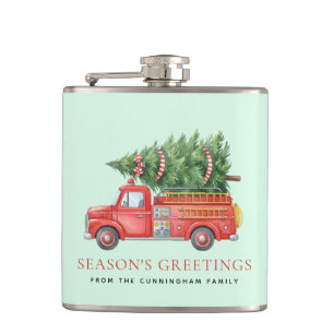 Custom Modern Firefighter Christmas Fire Truck Hip Flask