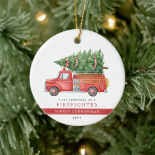 Custom Modern Firefighter First Christmas Ceramic Tree Decoration