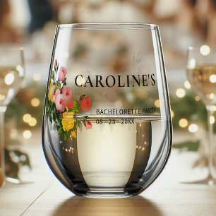Custom Modern Floral Bride Bachelorette Party Date Stemless Wine Glass