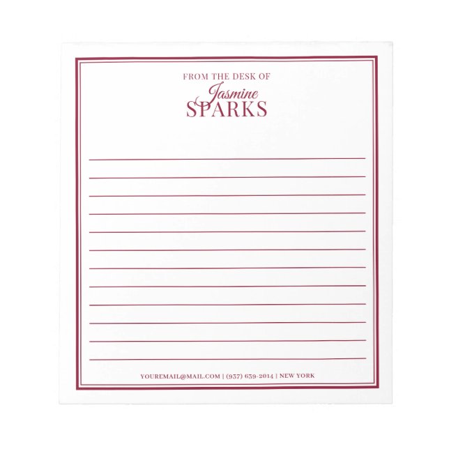 Custom Modern From the Desk of Name Lined Red Notepad (Front)