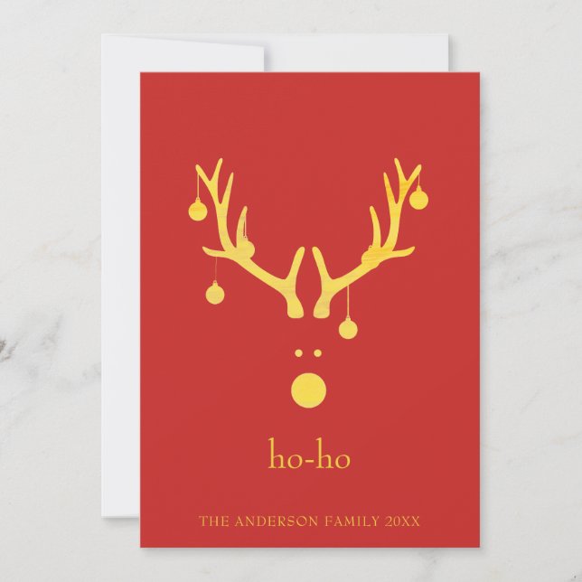 Custom modern fun Christmas card reindeer gold red (Front)
