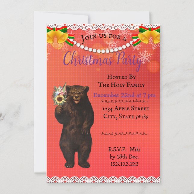 Custom Modern Fun Holiday Christmas Bear Red Invitation (Front)