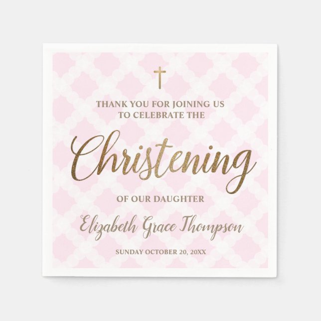 Custom Modern Gold Pink baby Girl Name Christening Napkin (Front)