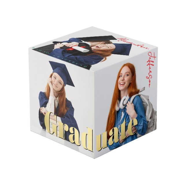 Custom Modern Graduation Photo Keepsake Typography Cube (Front Angled)