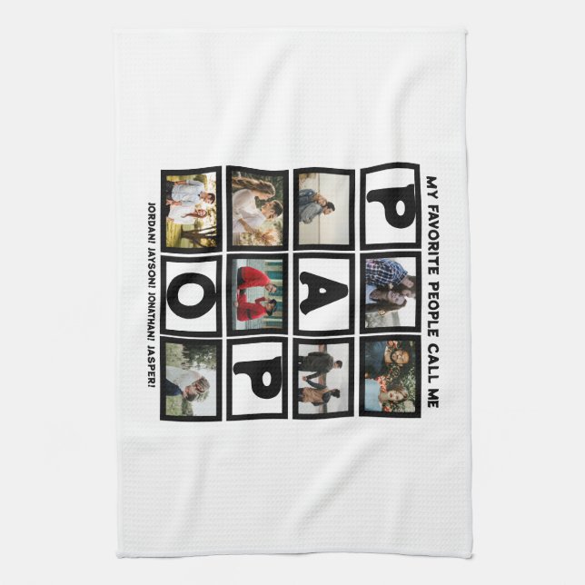 Custom Modern Grandpa Papo 8 Photo Collage Tea Towel (Vertical)