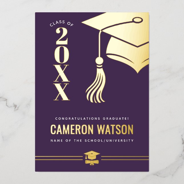 Custom Modern Hat and Tassel Graduation Foil Card (Front)