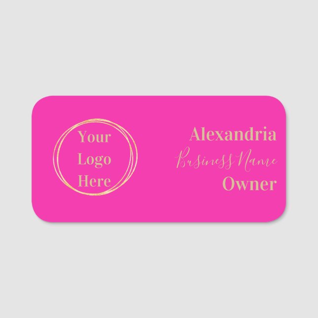 Custom Modern Hot Pink Gold Employee Name Tag (Front)