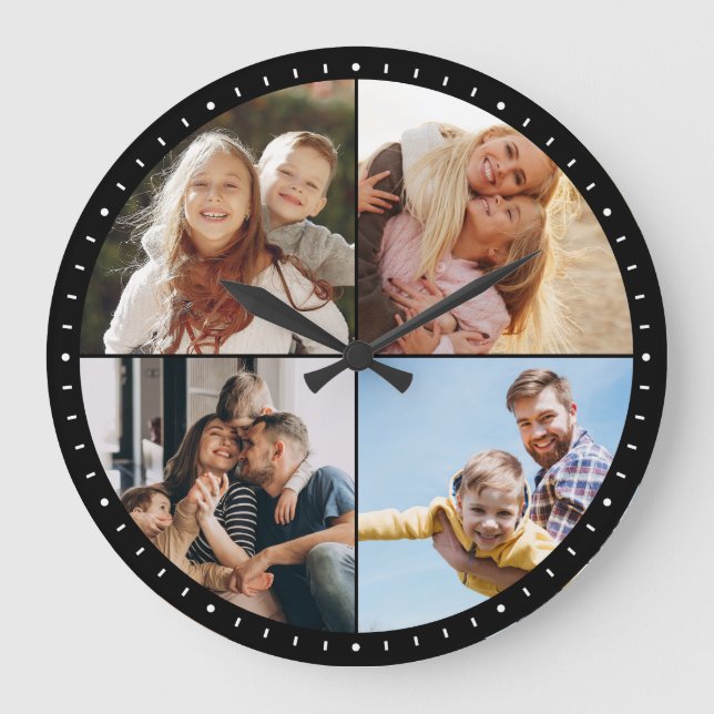 Custom Modern Instagram Family Photo Collage Large Clock (Front)