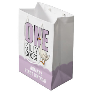 Custom Modern Lilac One Silly Goose First Birthday Medium Gift Bag