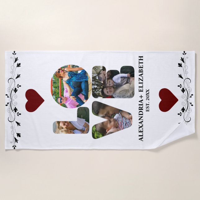 Custom modern love 4 photo collage for couples beach towel (Front)