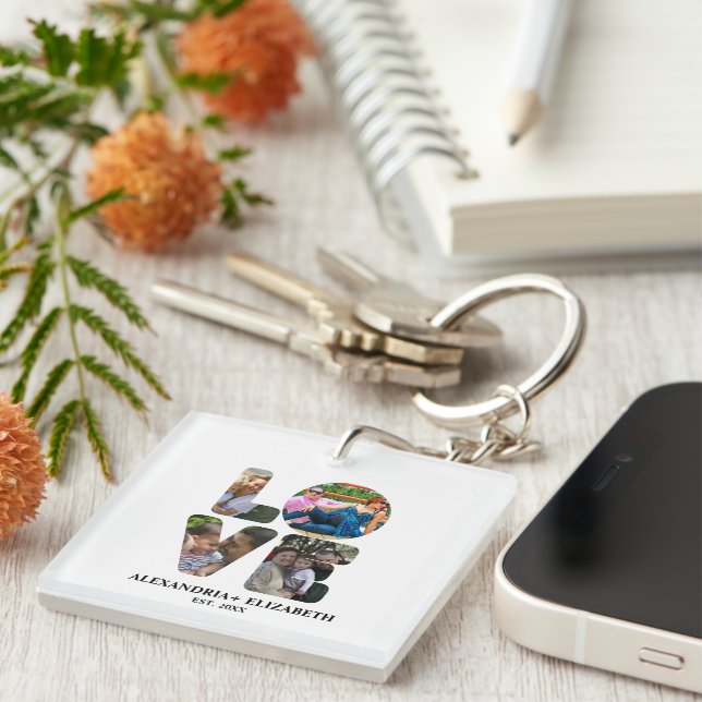 Custom modern love 4 photo collage for couples key ring (Front Right)