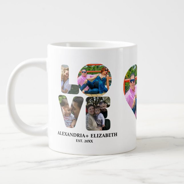 Custom modern love 4 photo collage for couples large coffee mug (Left)