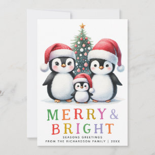 Custom Modern Merry and Bright Penguin Christmas Holiday Card