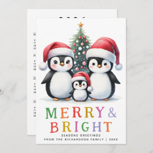 Custom Modern Merry and Bright Penguin Christmas Holiday Card