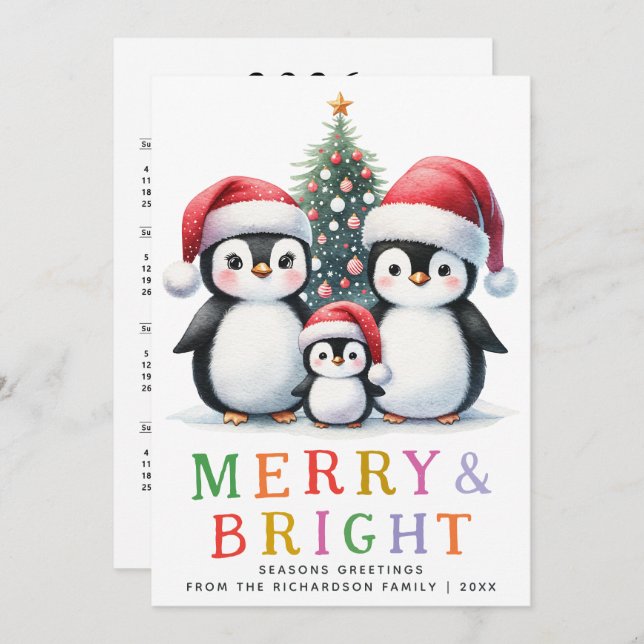 Custom Modern Merry and Bright Penguin Christmas Holiday Card (Front/Back)