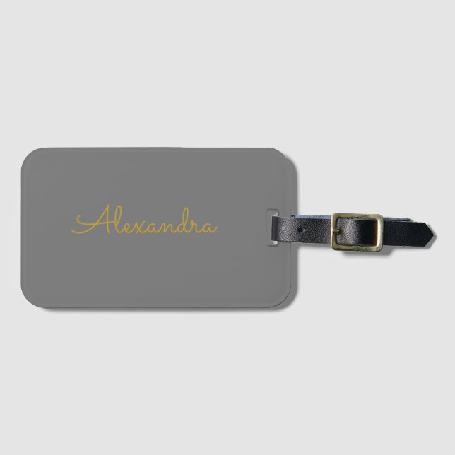 Custom Modern Minimalist Gold Script Gray Luggage Tag (Front Horizontal)