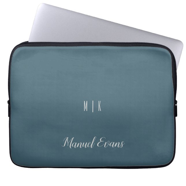 Custom Modern Minimalist Monogram Blue White  Laptop Sleeve (Front)