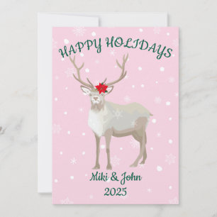 Custom Modern Minimalist Reindeer Christmas Pink Holiday Card