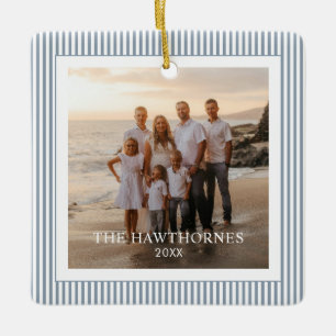 Custom Modern Minimalist Stripe Family Photo Ceramic Ornament