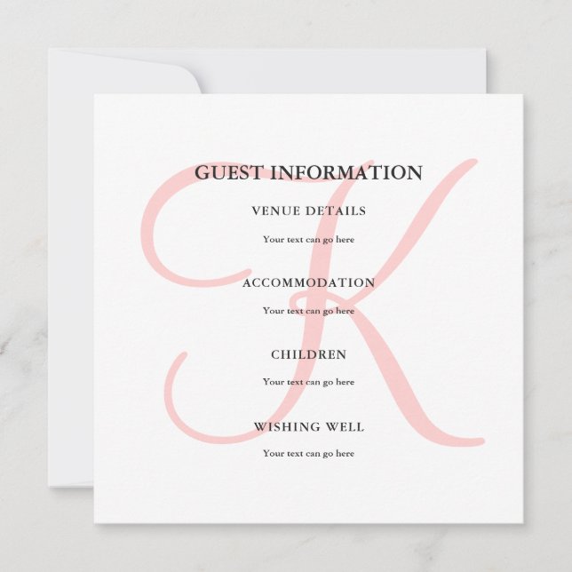 Custom Modern Monogram in Pink Guest Information Invitation (Front)