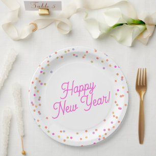 Custom Modern Multicolor Dots Happy New Year Paper Plate