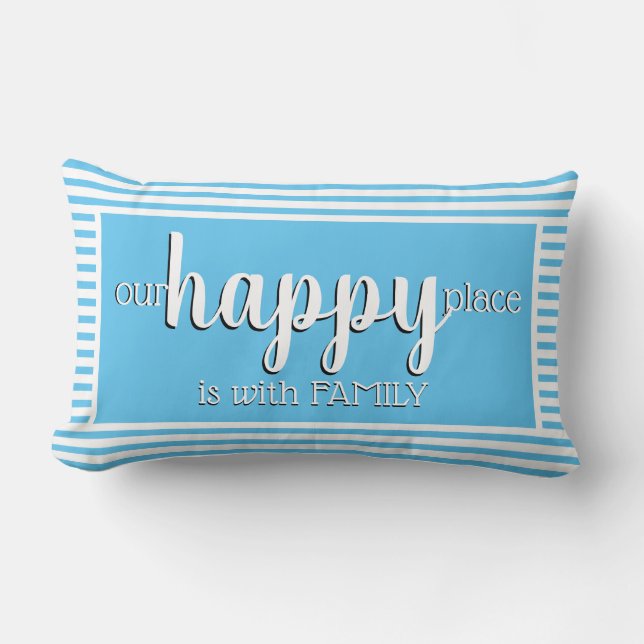 Custom Modern My Happy Place Family Blue Stripe Lumbar Cushion (Front)