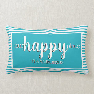 Custom Modern My Happy Place Teal Stripe Lumbar Cushion