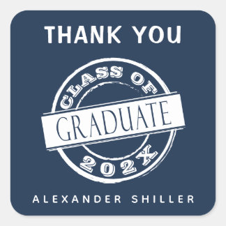 Custom Modern Navy Blue Graduate Thank You  Square Sticker